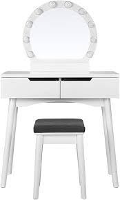 Toaletka Selsey Derra z Lustrem i Taboretem - Biała, 80 cm